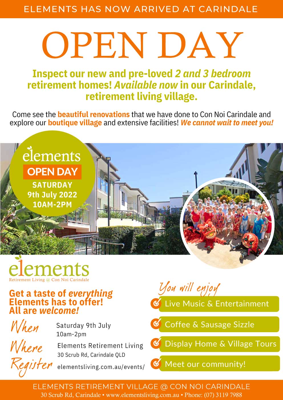 Elements Con Noi Carindale Open Day 2022 poster